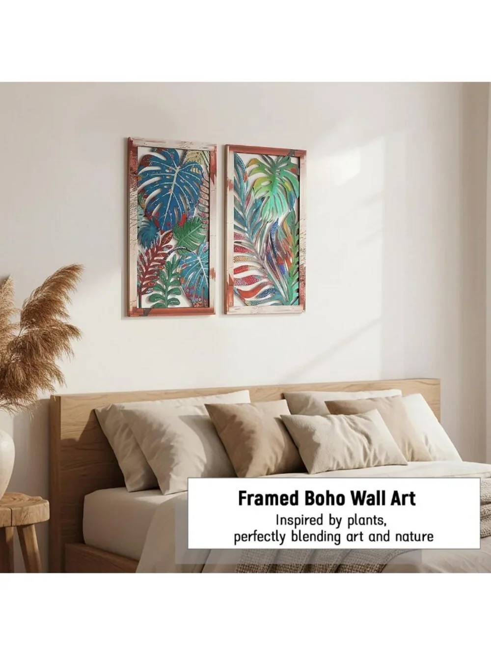 2 Pack Metal Leaf Boho Wall Decor | 3D Tropical Wall Art for Living Room